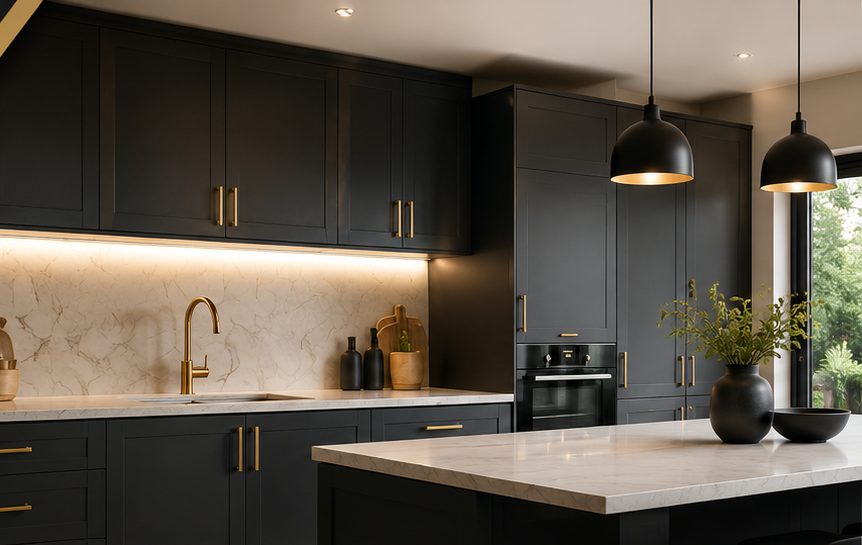 Matte black shaker kitchen with brushed gold handles and marble splashback after a vinyl wrap